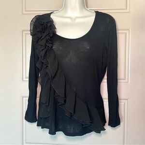 Spense Black Asymmetrical Ruffled 3/4 Sleeve Blouse